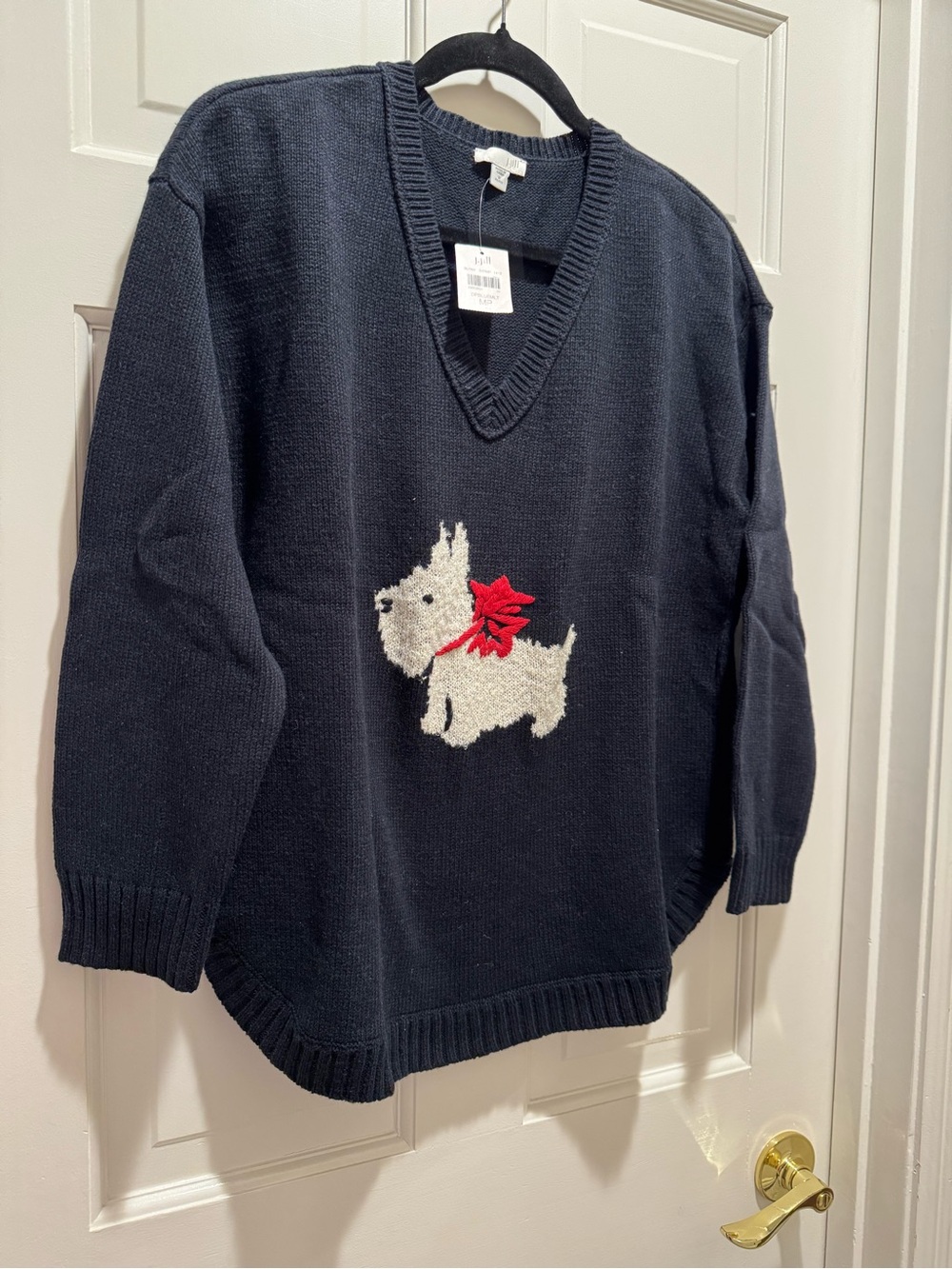 Women’s J. Jill Navy V-Neck Sweater with Dog Motif